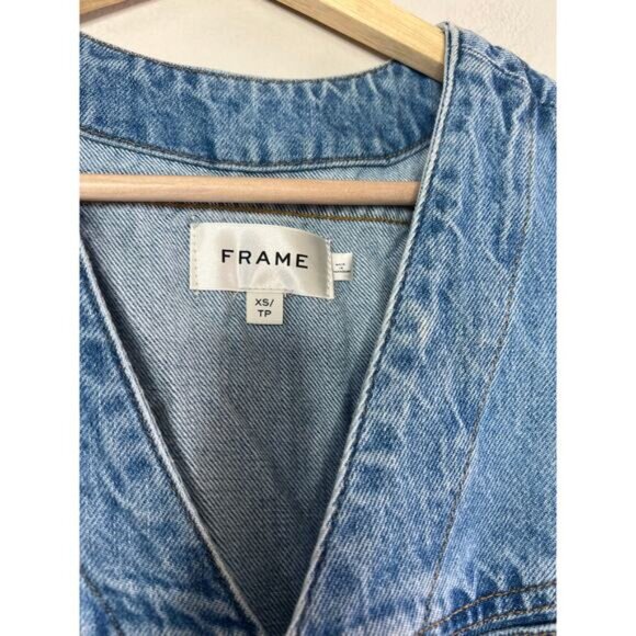 NEW Frame Sleeveless V-Neck Button Front Trucker Pocket Denim Mini Dress Blue XS - Picture 4 of 7